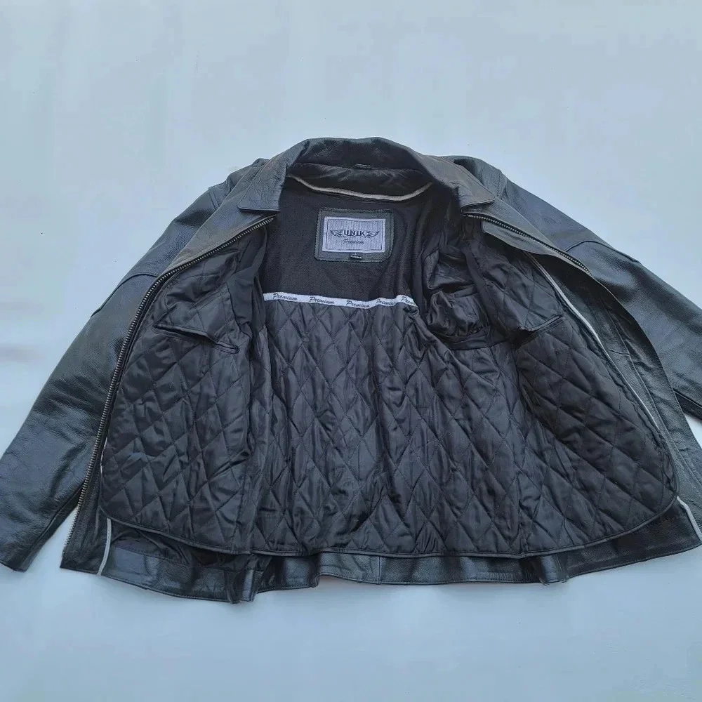 Unik Premium Heavy Black Genuine Leather Jacket Motorcycle Biker Removable Liner